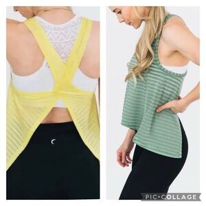 Zyia Active Lot 2 Nimbus Split Back Tank Top Tied Back Green & Yellow Stripe XL